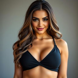 A beautiful 25-year-old woman dressed in sexy attire that accentuates her features, including a deep neckline that showcases her assets