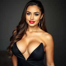 A stunning 25-year-old woman dressed in sexy attire that highlights her features, including a plunging neckline that accentuates her voluptuous figure