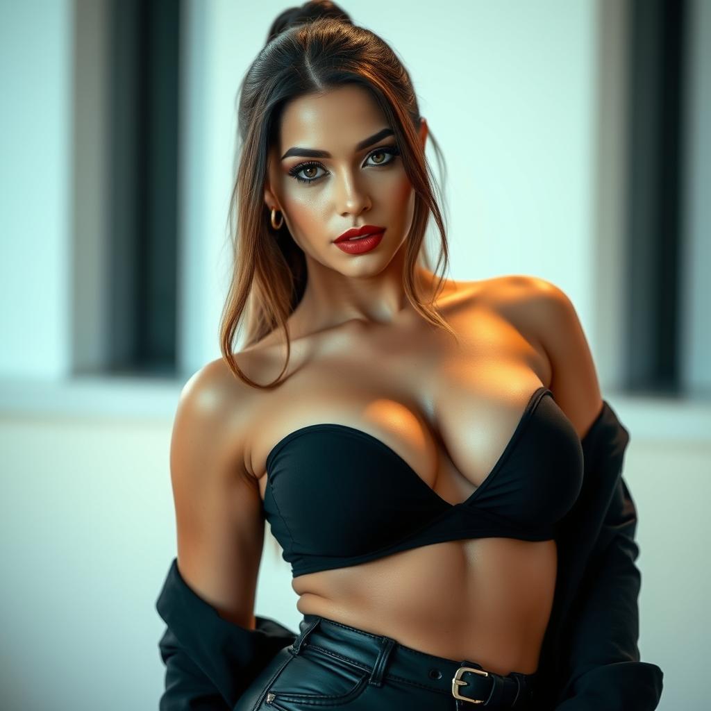 A striking 25-year-old woman showcasing her beauty in sexy attire that features a low-cut neckline, highlighting her voluptuous figure