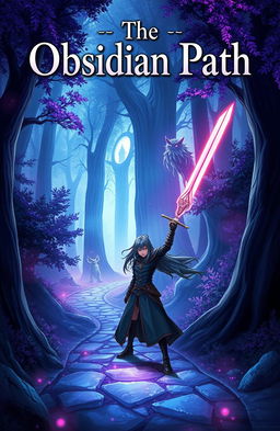 A captivating anime-style cover page for a fantasy novel titled 'The Obsidian Path'