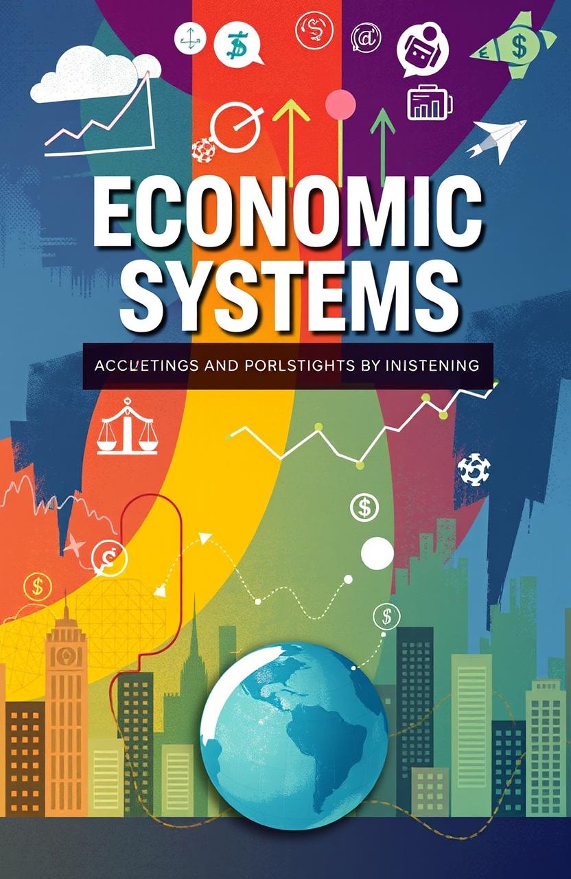An engaging book cover design focused on economic systems, featuring symbols representing various economic concepts like supply and demand curves, currency, and graphs