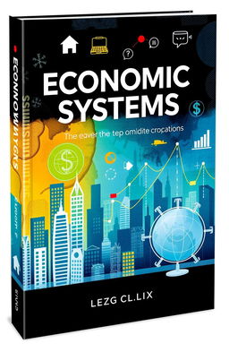 An engaging book cover design focused on economic systems, featuring symbols representing various economic concepts like supply and demand curves, currency, and graphs