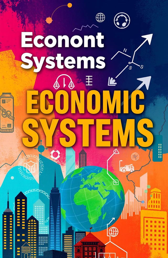 An engaging book cover design focused on economic systems, featuring symbols representing various economic concepts like supply and demand curves, currency, and graphs
