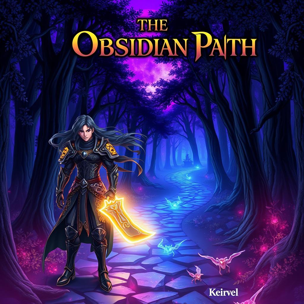 A captivating anime-style cover page for a fantasy novel titled 'The Obsidian Path'