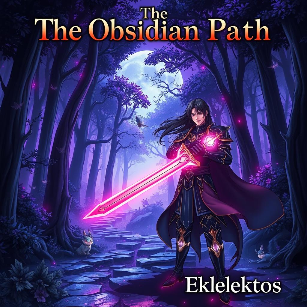 A captivating anime-style cover page for a fantasy novel titled 'The Obsidian Path' by the author Eklektos