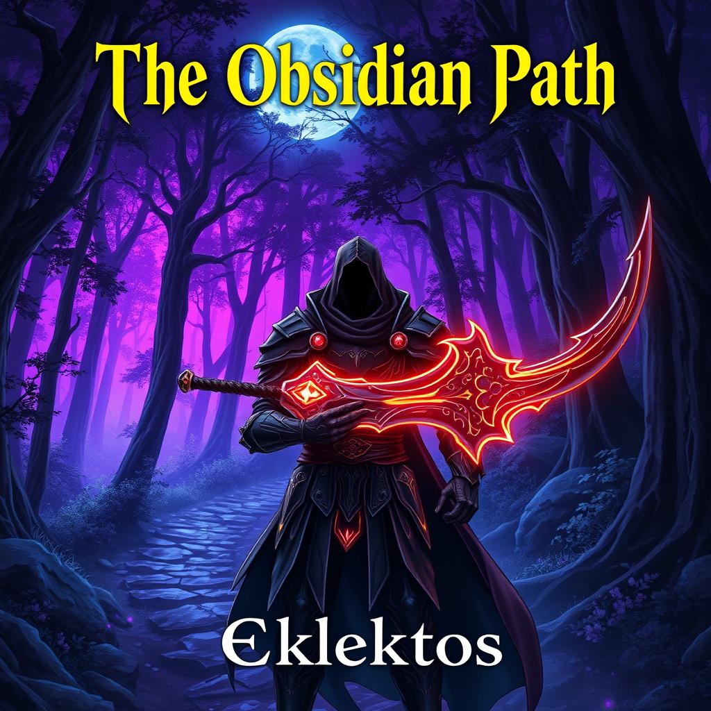 A striking anime-style cover page for a fantasy novel titled 'The Obsidian Path' by the author Eklektos