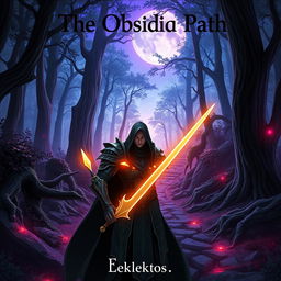 A striking anime-style cover page for a fantasy novel titled 'The Obsidian Path' by the author Eklektos