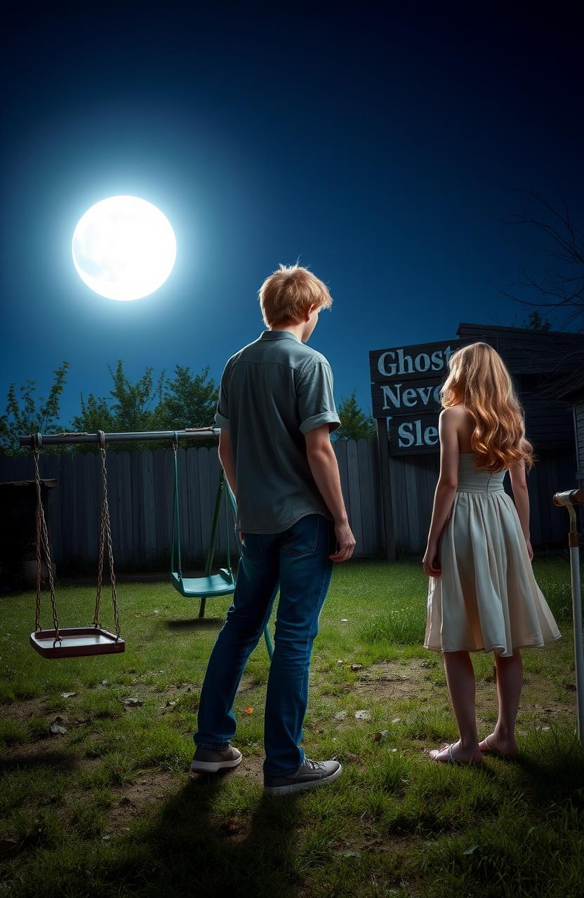 A serene nighttime scene in an old, slightly overgrown yard illuminated by the bright moonlight