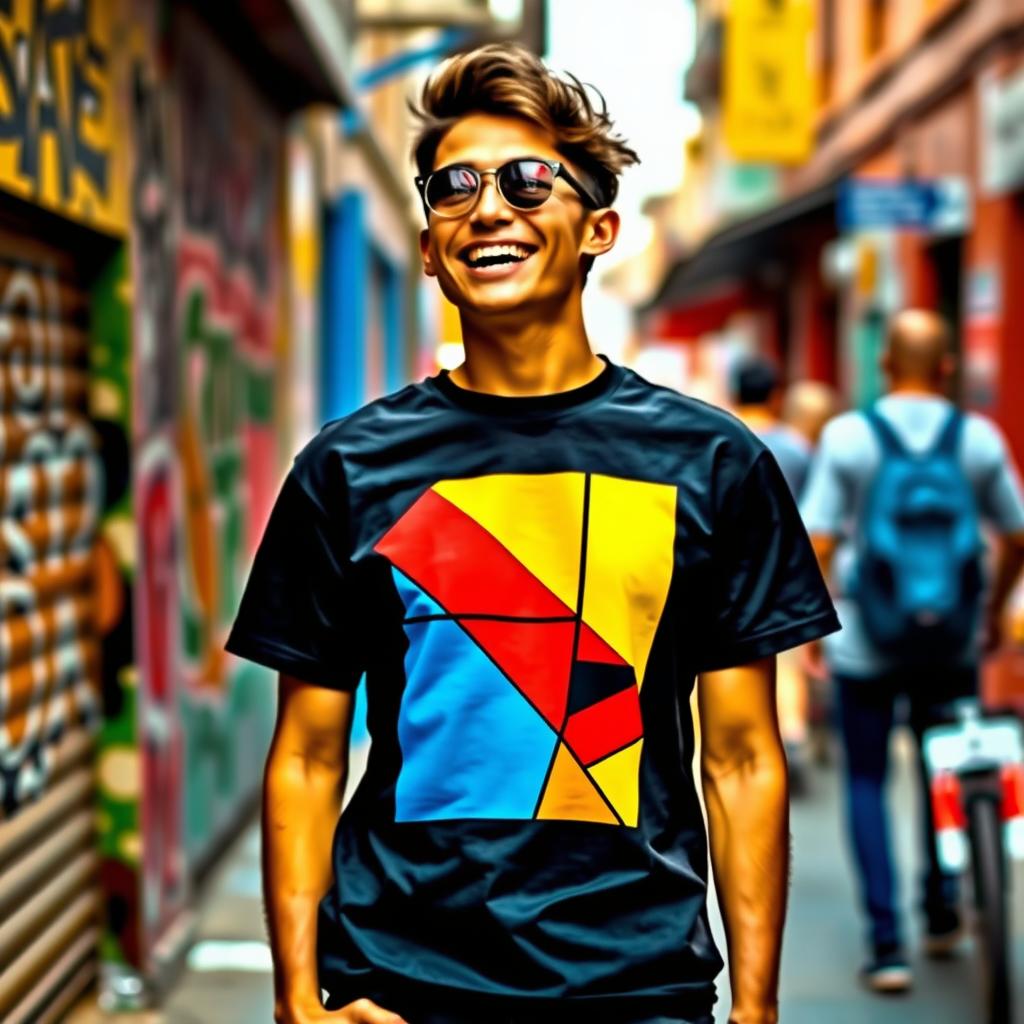 A stylish person wearing a vibrant, graphic t-shirt featuring an abstract geometric design with bold colors like blue, red, and yellow