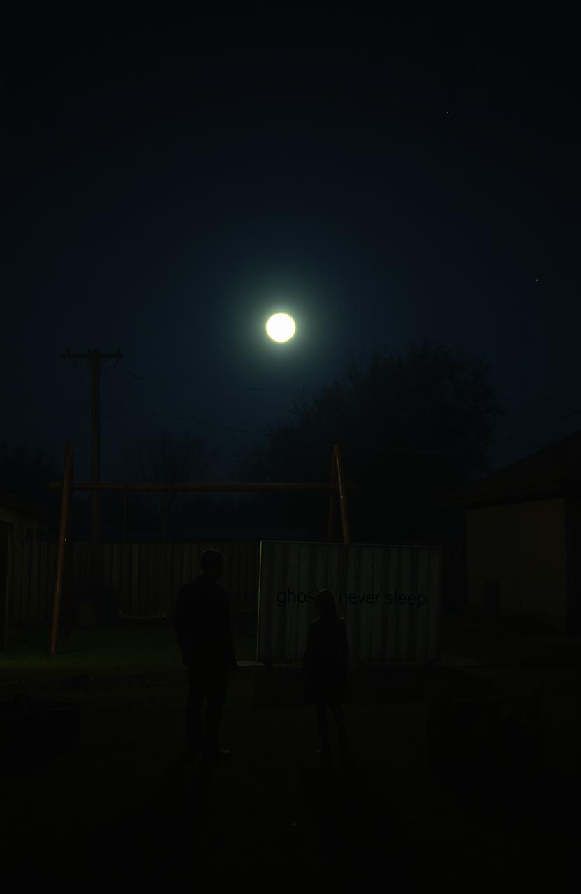 A serene nighttime scene in an old yard illuminated by a bright, glowing moon