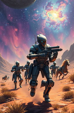 A stunning and vibrant space opera scene depicting cyborg mercenaries in a futuristic setting