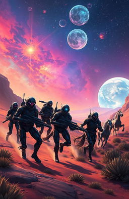 A stunning and vibrant space opera scene depicting cyborg mercenaries in a futuristic setting