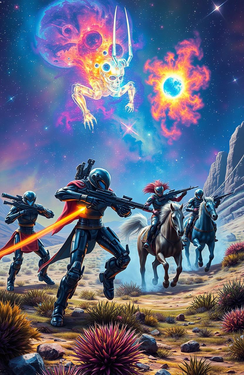 A stunning and vibrant space opera scene depicting cyborg mercenaries in a futuristic setting