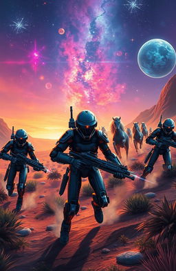 A stunning and vibrant space opera scene depicting cyborg mercenaries in a futuristic setting