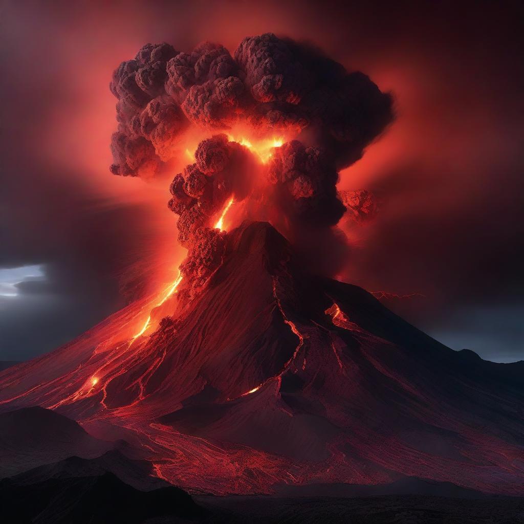 The colossal, erupting volcano with molten lava contrasting against a tempest-tossed sky, lit up by intense, crimson red lightning zapping across.