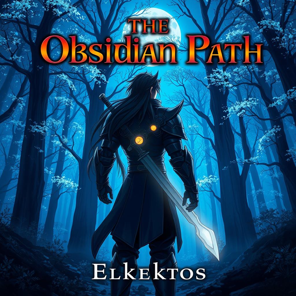 An engaging anime-style cover page for a fantasy novel titled 'The Obsidian Path' by the author Eklektos