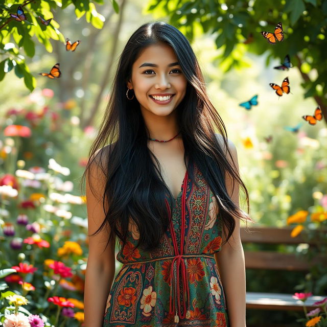 A portrait of a young woman with long, flowing black hair, wearing a stylish and colorful bohemian dress