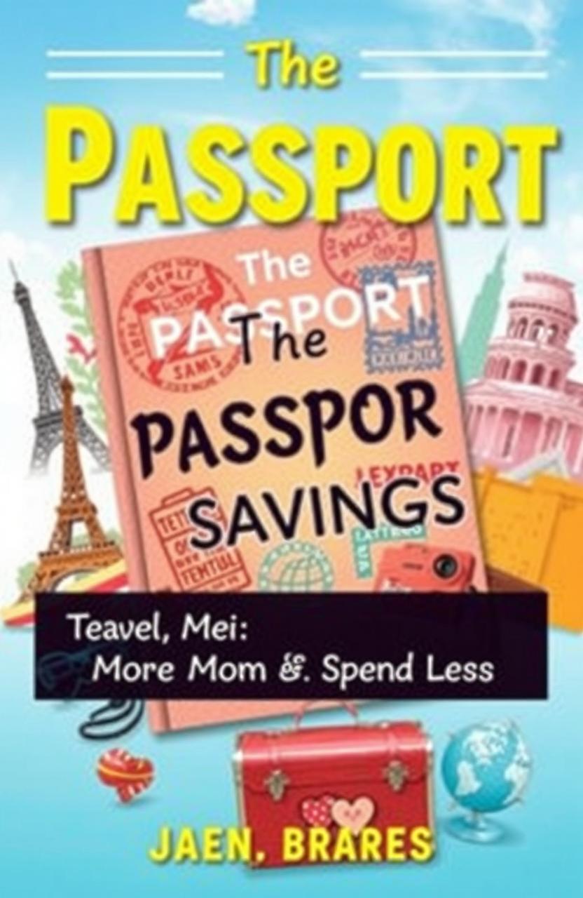 A captivating book cover design for 'The Passport of Savings: Travel More, Spend Less' featuring an artistic interpretation of a bright and colorful passport with travel stamps from various global locations
