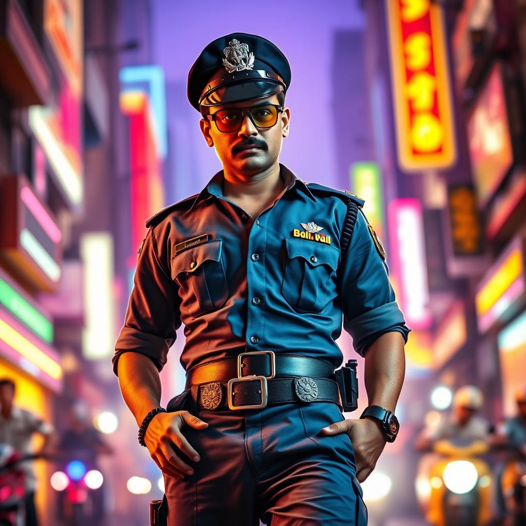 A Bollywood-style cop character, dressed in a stylish yet functional police uniform with a touch of glamour, exuding confidence