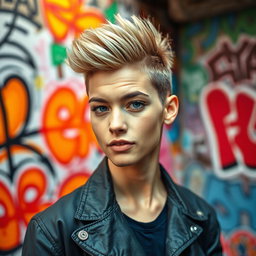 A stylish portrait of a confident individual with short hair, showcasing their unique hairstyle in a vibrant urban background filled with graffiti art