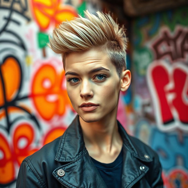 A stylish portrait of a confident individual with short hair, showcasing their unique hairstyle in a vibrant urban background filled with graffiti art