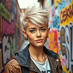 A stylish portrait of a confident individual with short hair, showcasing their unique hairstyle in a vibrant urban background filled with graffiti art