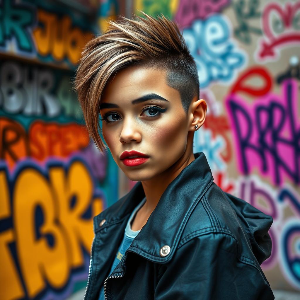 A stylish portrait of a confident individual with short hair, showcasing their unique hairstyle in a vibrant urban background filled with graffiti art
