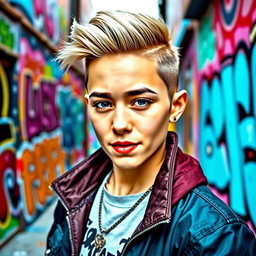 A stylish portrait of a confident individual with short hair, showcasing their unique hairstyle in a vibrant urban background filled with graffiti art