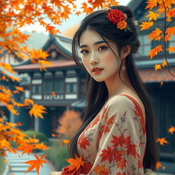 A beautiful and elegant young woman representing the dreams of a Kyoto girl, embodying natural beauty and grace