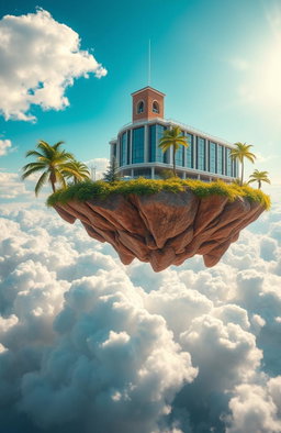 A surreal scene depicting a vibrant island floating in mid-air, with a large high school building prominently situated on top