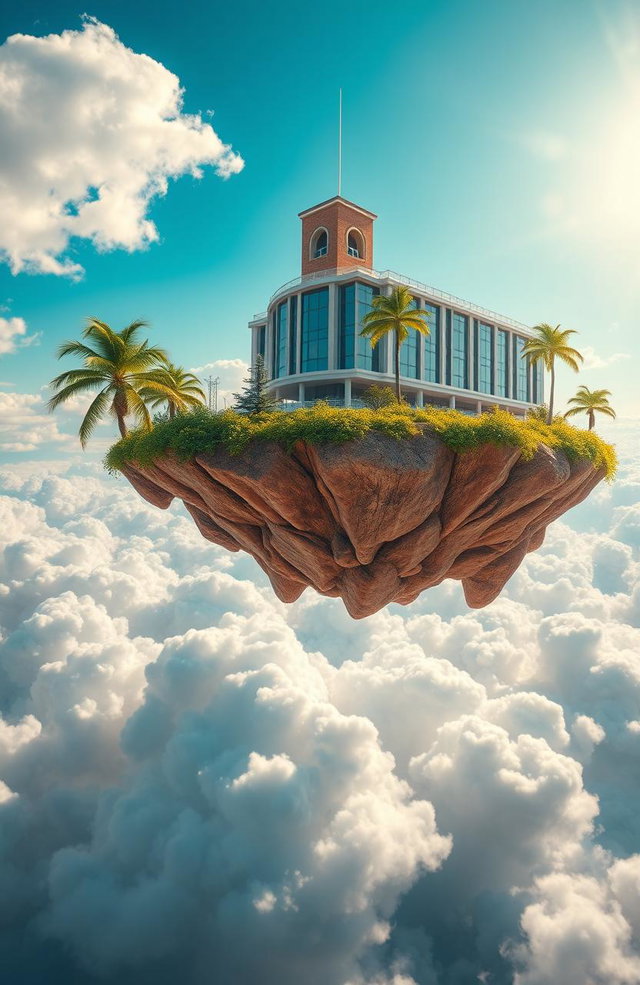 A surreal scene depicting a vibrant island floating in mid-air, with a large high school building prominently situated on top
