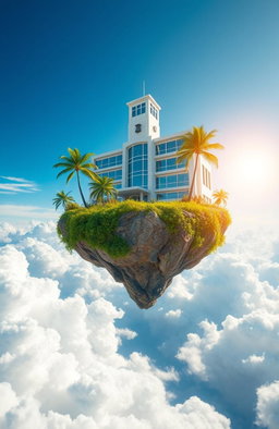 A surreal scene depicting a vibrant island floating in mid-air, with a large high school building prominently situated on top