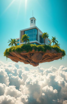 A surreal scene depicting a vibrant island floating in mid-air, with a large high school building prominently situated on top