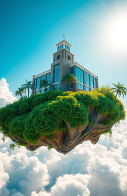 A surreal scene depicting a vibrant island floating in mid-air, with a large high school building prominently situated on top