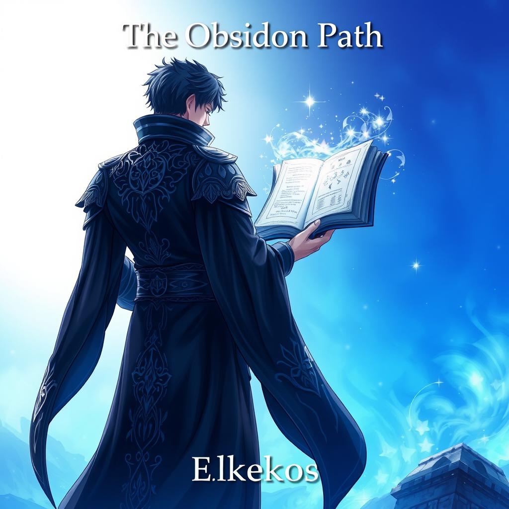 An enchanting anime-style cover page for a fantasy novel titled 'The Obsidian Path' by the author Eklektos