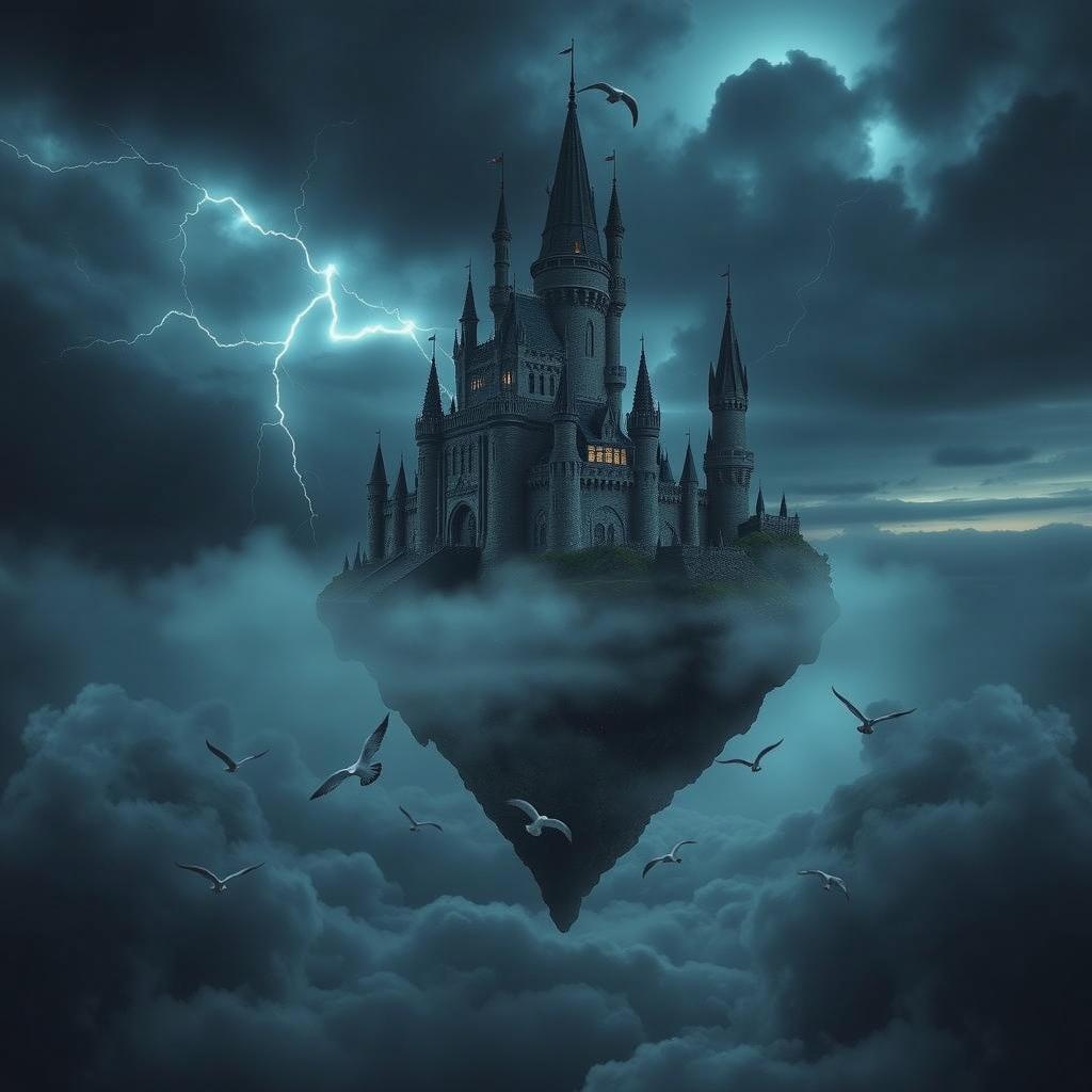 An ancient floating high school castle surrounded by ominous storm clouds, flashes of lightning illuminating its gothic architecture, with tall spires and intricate details, shrouded in mist, and several birds flying around it