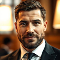 A highly detailed portrait of a man with strong facial features, deep-set eyes, and a chiseled jawline