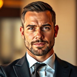 A highly detailed portrait of a man with strong facial features, deep-set eyes, and a chiseled jawline