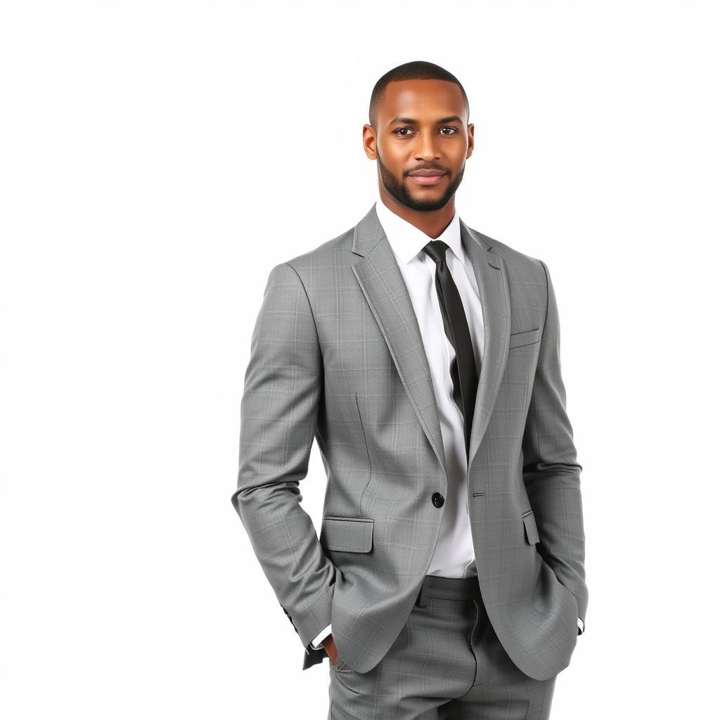 A confident man in a sharp, tailored suit, showcasing an equal skin tone, standing against a pristine, pure white background
