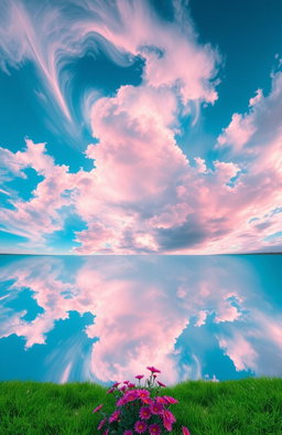 A surreal scene of the sky appearing upside down, creating a dreamlike atmosphere