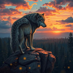 An artistic depiction of an Alpha wolf standing proudly atop a rocky ledge, gazing over a vast forest landscape during dusk