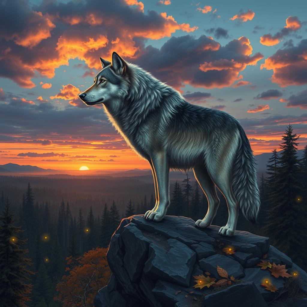 An artistic depiction of an Alpha wolf standing proudly atop a rocky ledge, gazing over a vast forest landscape during dusk