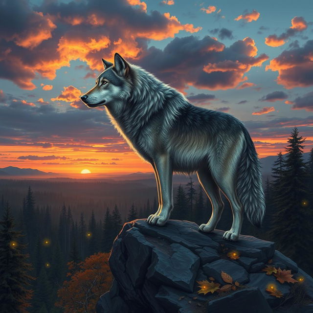 An artistic depiction of an Alpha wolf standing proudly atop a rocky ledge, gazing over a vast forest landscape during dusk