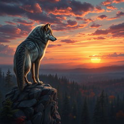 An artistic depiction of an Alpha wolf standing proudly atop a rocky ledge, gazing over a vast forest landscape during dusk