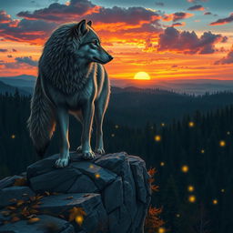 An artistic depiction of an Alpha wolf standing proudly atop a rocky ledge, gazing over a vast forest landscape during dusk