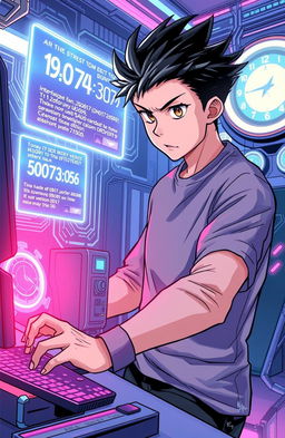 A dynamic scene from a science fiction comic book featuring an anime boy with spiky hair, wearing a full sleeve grey t-shirt