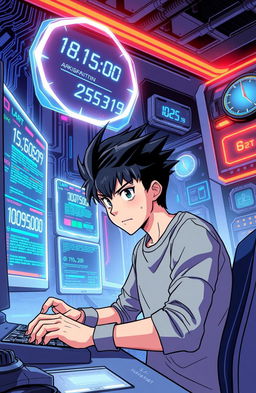 A dynamic scene from a science fiction comic book featuring an anime boy with spiky hair, wearing a full sleeve grey t-shirt