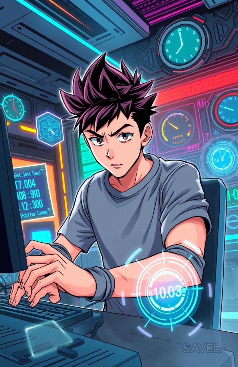 A dynamic scene from a science fiction comic book featuring an anime boy with spiky hair, wearing a full sleeve grey t-shirt