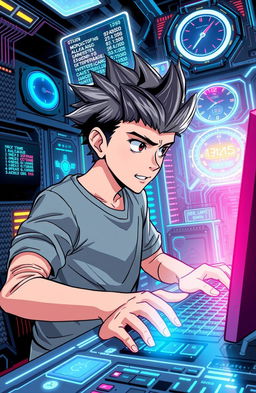 A dynamic scene from a science fiction comic book featuring an anime boy with spiky hair, wearing a full sleeve grey t-shirt