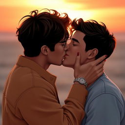 A romantic scene depicting two men sharing a tender kiss, showcasing deep affection and connection